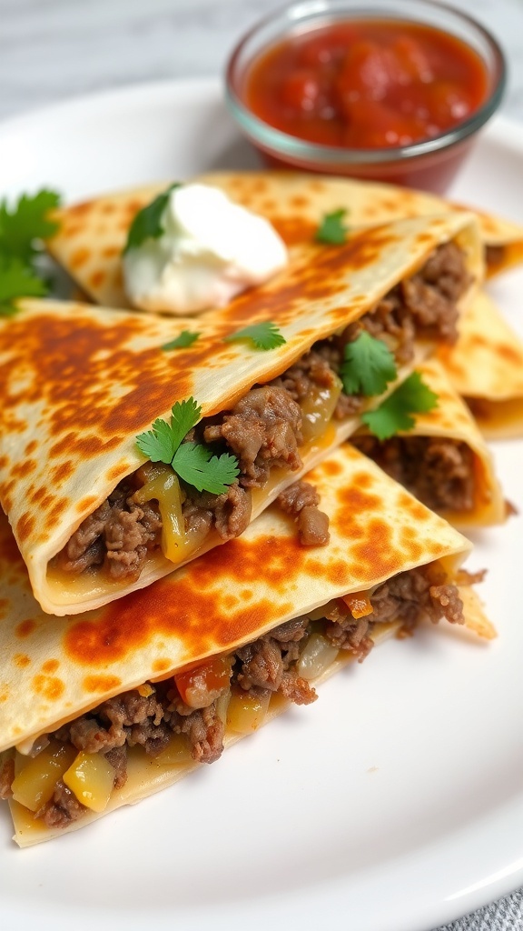 Golden brown beef quesadilla cut into wedges, served with salsa and sour cream.